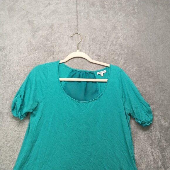 STYLEMINT Top  Size 2 Women Short Sleeve Casual Solid Turquoise Knit Sheer Back - Picture 3 of 13